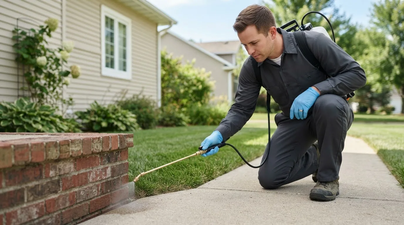 Pest control technician treating a home near Wantagh, NY